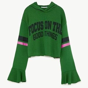 ZARA TRAFALUC Mint "FOCUS ON THE GOOD THINGS" Green|Pink Crop Hoodie SM